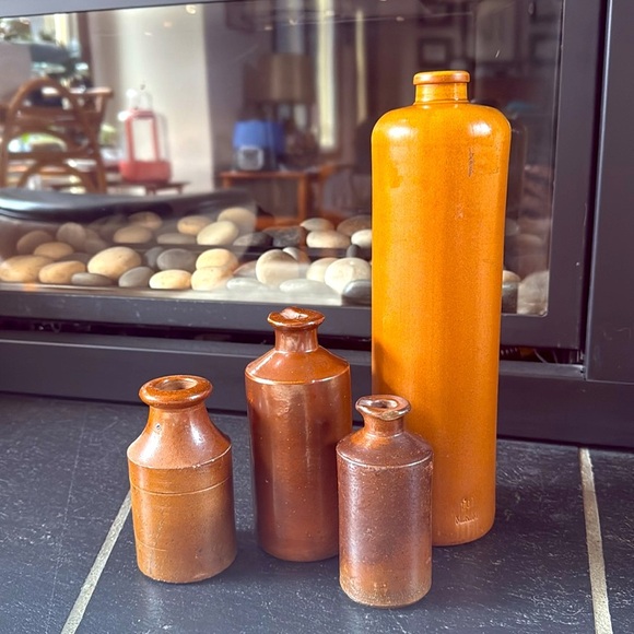 Stoneware Ink Antique English Stoneware Pinch Bottles Bud Vase Shelf Decor - Picture 1 of 15